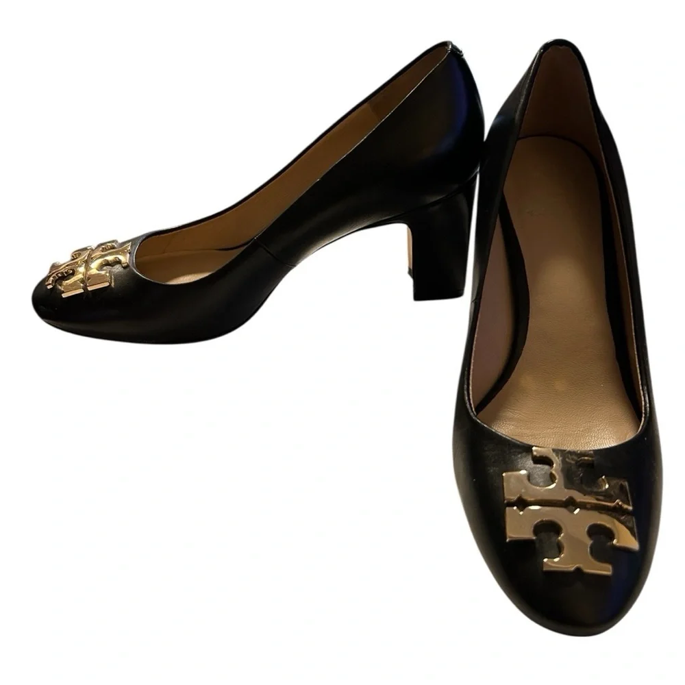 Tory Burch Raleigh Black Block Heel Leather Pumps – Size 5.5